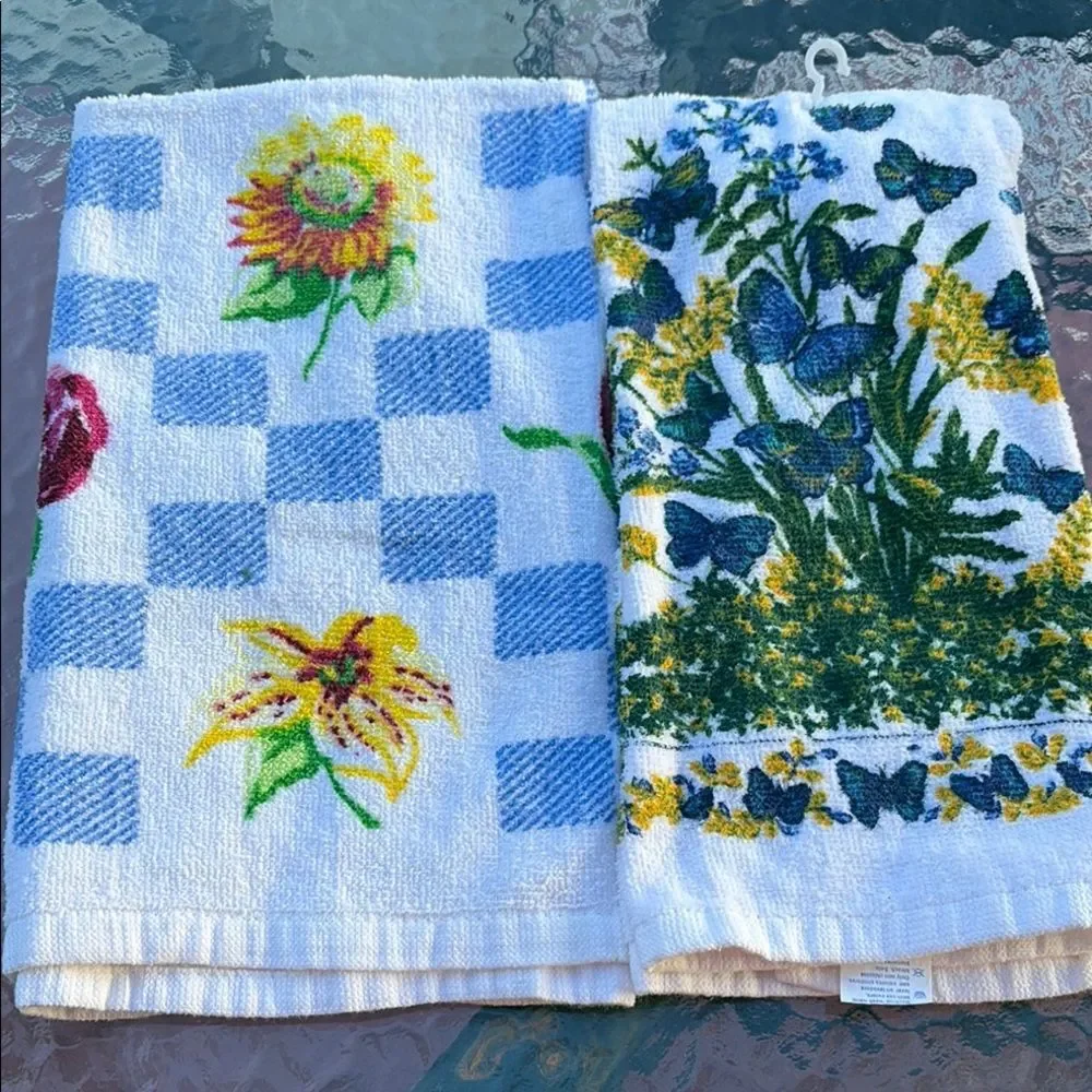 Flower Butterfly Kitchen Towels - White, Blue, Yellow